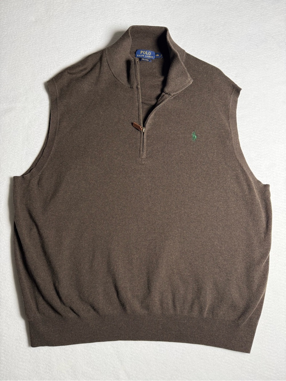 Ralph Lauren Men’s Pima Cotton Quarter-Zip Sweater Vest Brown w/ Green pony XXL